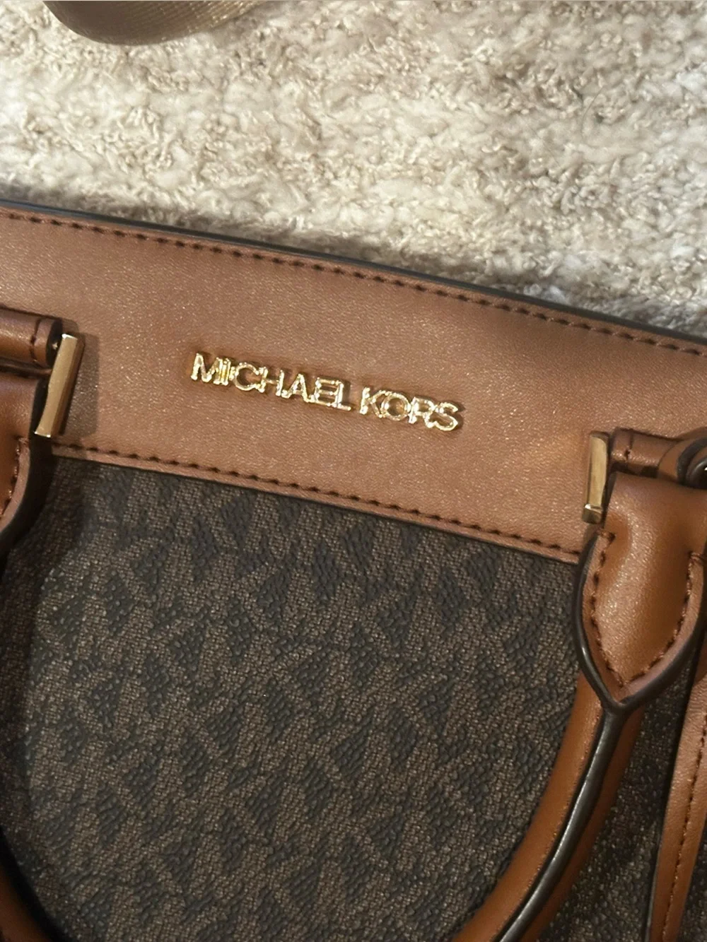 Michael Kors Gold Logo & Brown Leather Messenger with Beige Strap